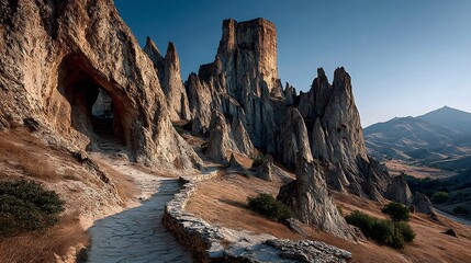 Ancient stone pathway leads to mysterious cave entrance amidst dramatic rocky spires under clear blue sky