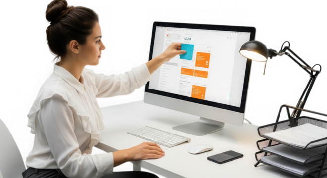 Woman using computer for ux design isolated on transparent background