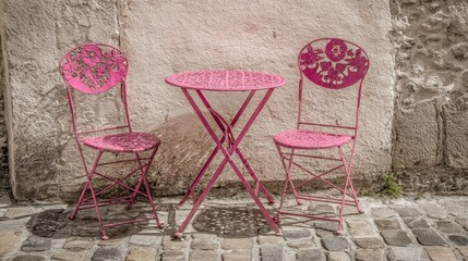 Pink Outdoor Bistro Set Against a Stone Wall, Decorative Metal Table and Chairs on Cobblestone