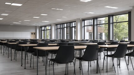 Bright and Spacious University Classroom with Modern Design, Ample Seating, and Natural Light