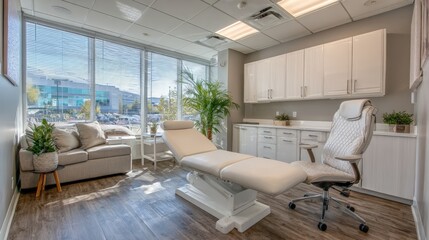Modern Medical Spa Room with Treatment Bed, Comfortable Couch, and Natural Light for Aesthetic Procedures
