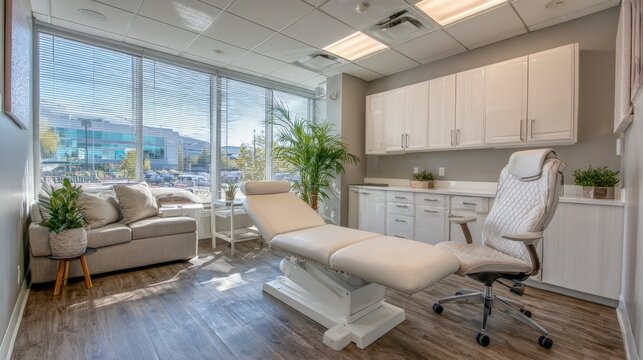 Modern Medical Spa Room with Treatment Bed, Comfortable Couch, and Natural Light for Aesthetic Procedures