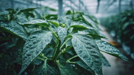 Green plant leaves with water droplets in indoor greenhouse