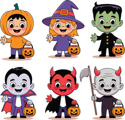 Cute Halloween kids in various costumes holding pumpkin baskets trick-or-treating cartoon vector illustration for festive autumn celebration.
