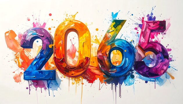Vibrant, colorful, and expressive numbers 2065, painted with thick brushstrokes and vibrant paint splatters, create a dynamic and eye-catching graphic design.