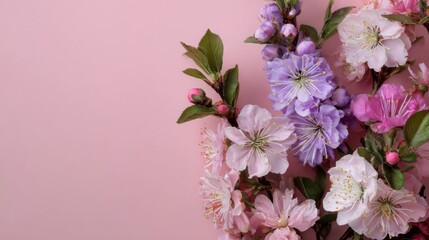Delicate pink cherry blossom flowers on a soft pastel pink background