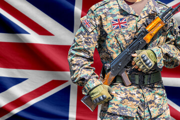 Fototapeta premium Great Britain flag with soldier holding assault rifle