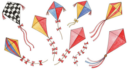 Watercolor checkerboard and striped kites air set.