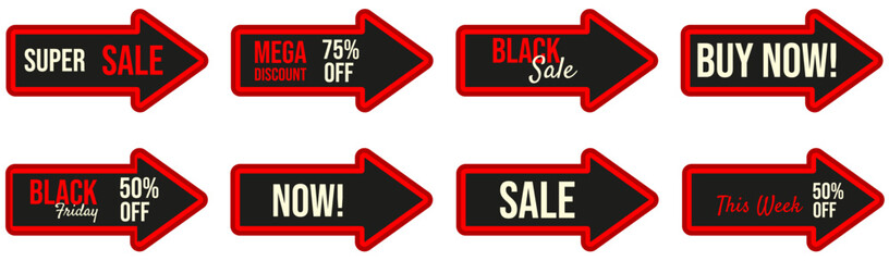 Black Friday Sale vector Sticker set isolated transparent background. Sale Sticker of neon arrows set can used social media online shopping Sale banner poster template design. EPS 10