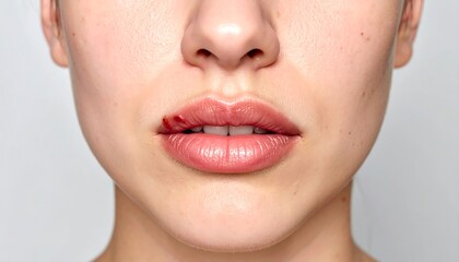 Fototapeta premium Close-up of a woman's face with a light-pink lip gloss, showing a small wound or abrasion on the lower lip.