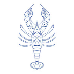 Lobster outline isolated on white background. Simple ink line vector illustration for logo, branding, wall art, stickers, packaging, coloring books, kitchen decor, textile print