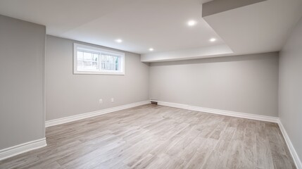 Renovated Basement Interior with Gray Walls, White Trim, Recessed Lighting, and Wood-Look Flooring for Modern Living