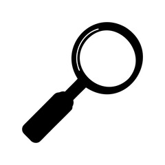 Single black magnifying glass on a white background for investigation, discovery