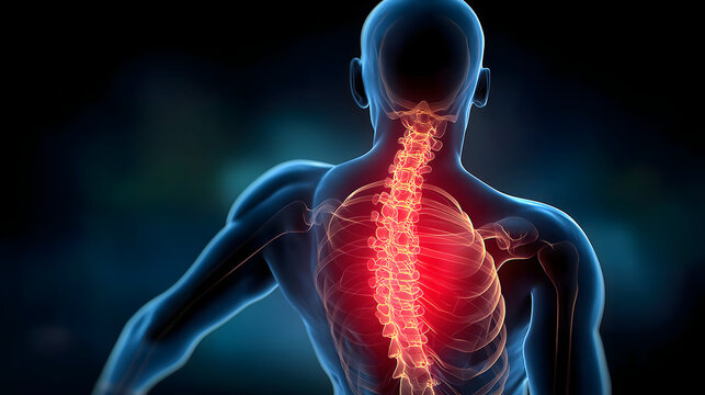 Medical illustration of a human spine with pain highlighted in red AI Generated - Powered by Adobe
