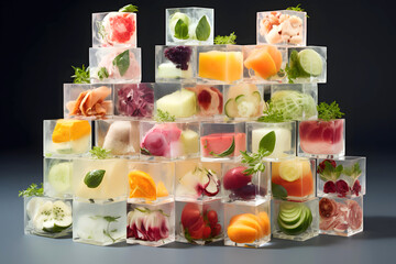 Creative frozen cubes with fruits and vegetables arranged in a colorful pyramid display
