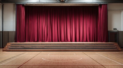 Empty Auditorium Stage with Closed Red Curtains in a School or Theater for Performance