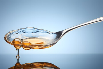 Golden honey drips off a spoon creating a ripple effect on a reflective surface