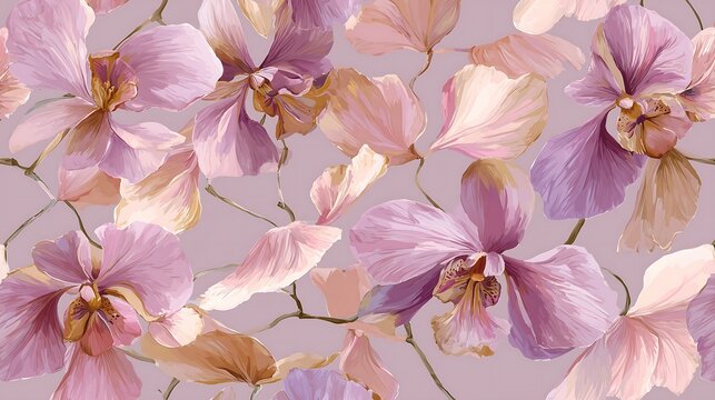 Seamless pattern of purple and pink orchids
