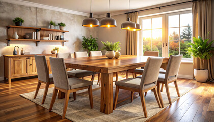 Sunlit Dining Area with Wooden Table and Chairs
