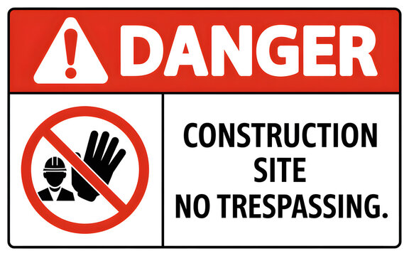 Danger construction site no trespassing warning sign for safety and security protocols enforced here now