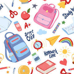 Seamless school pattern with backpack, pencils, pens, books, bell and symbols in childlike style. Vector illustration for kids, stationery, fabric, wrapping and educational design