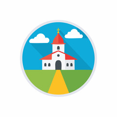 Naklejka premium Charming flat design illustration of a church building with a cross, path, green grass, clouds, and blue sky in a round frame.