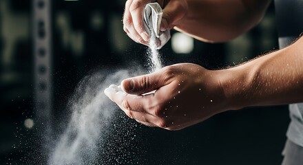 Close-up of hands of a weightlifter applying white chalk powder for a better grip