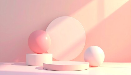 Fototapeta premium A softly lit, minimalist scene featuring three geometric forms in light pink and white, creating a gentle and inviting aesthetic.