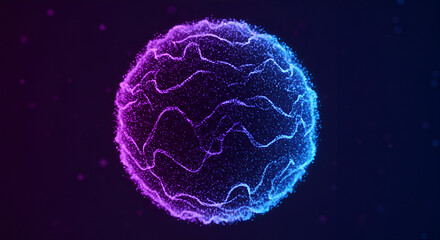 Abstract glowing sphere with purple and blue particle wave motion graphics