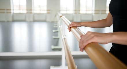 Dancer's hands grip barre in bright studio, focus on grace and discipline