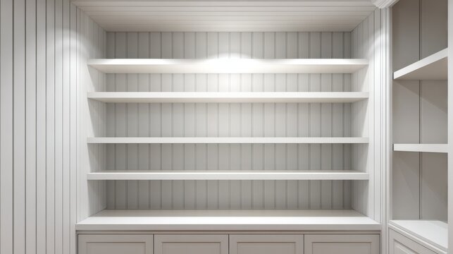 Empty Custom White Shelves, Built-in Cabinetry Storage, and Contemporary Design for Home Office or Library