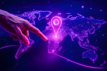 Hand Pointing at Neon Location Pin on Global Map
