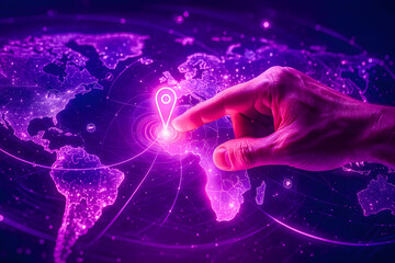 Neon Location Pin on Global Digital Map