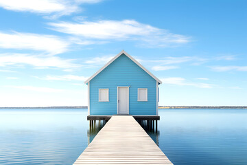 Blue wooden house on stilts reflects in calm water under a foggy sky in a tranquil coastal setting