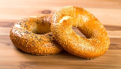 Two sesame and poppy seed bagels on a wooden table