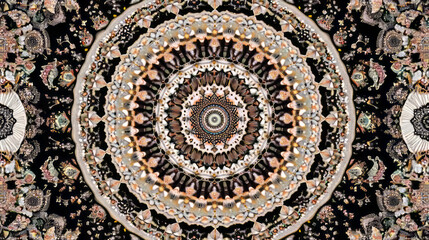 A symmetrical kaleidoscope pattern featuring intricate circular designs with earthy tones and radial symmetry