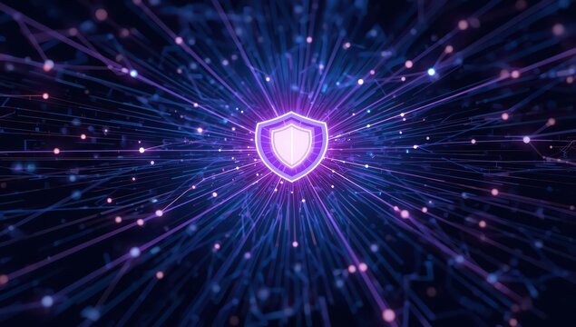 Digital shield glowing with vibrant purple and blue light, protecting network data streams from cyber threats