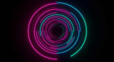 Abstract neon circles, vibrant color spirals on a dark backdrop visual