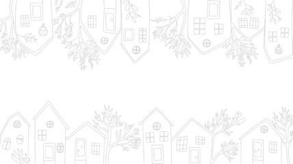 White outline drawing of houses and trees arranged in a border style on a white background space