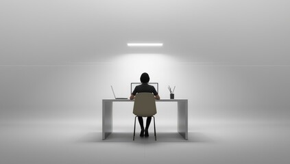 Focused individual working late at a modern desk with laptop, bathed in soft overhead light