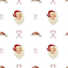 Festive watercolor pattern featuring Santa Claus and holiday ornaments for cheerful designs
