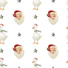 Whimsical watercolor seamless pattern featuring Santa, a goose, and stars on white background