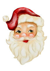 Colorful watercolor Santa Claus face design for festive textile and wrapping paper