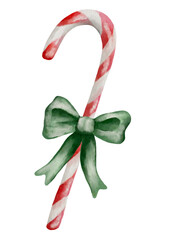 Watercolor candy cane design with green bow for holiday wrapping and textiles