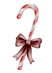 Whimsical watercolor candy cane with bow design for festive decor