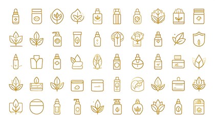 A collection of golden-line icons representing various beauty products and natural elements, highlighting eco-friendly and organic themes.