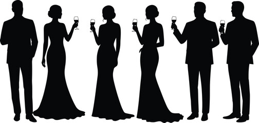 Elegant men and women silhouettes holding wine glasses, formal party fashion, evening gown style, luxury celebration, classy cocktail event illustration