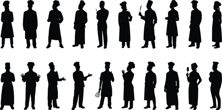 Chef silhouette collection, diverse kitchen staff, cooking and baking poses, professional chefs with utensils, kitchen apron, culinary expertise, restaurant workers set