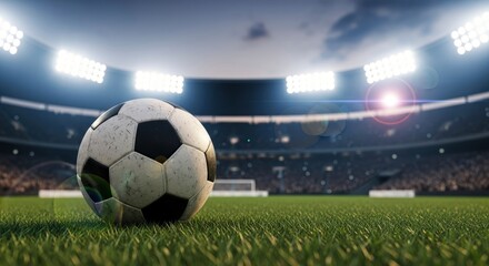 Fototapeta premium Soccer ball on a stadium grass field with bright floodlights, ready for a night game.