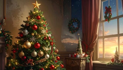 A decorated evergreen Christmas tree glows in a warm room with presents, wreaths, and a window view of a wintery sunset